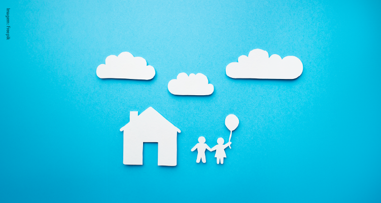 Ilustração de casinha de papel com bonecos de papel ao lado e nuvens de papel acima