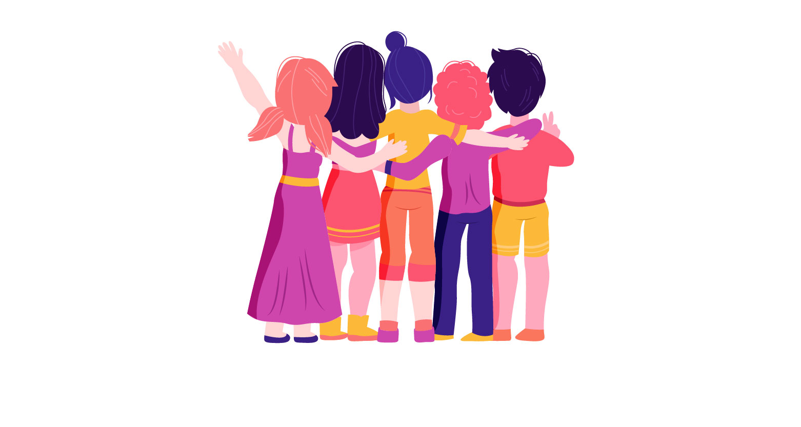 Ilustração de crianças e adolescentes abraçados e de costas