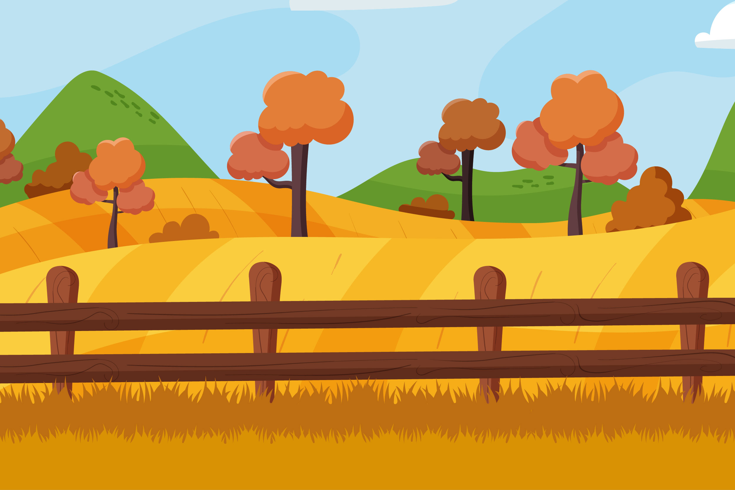 Ilustração mostra uma área rural, com uma cerca na frente e plantas ao fundo.