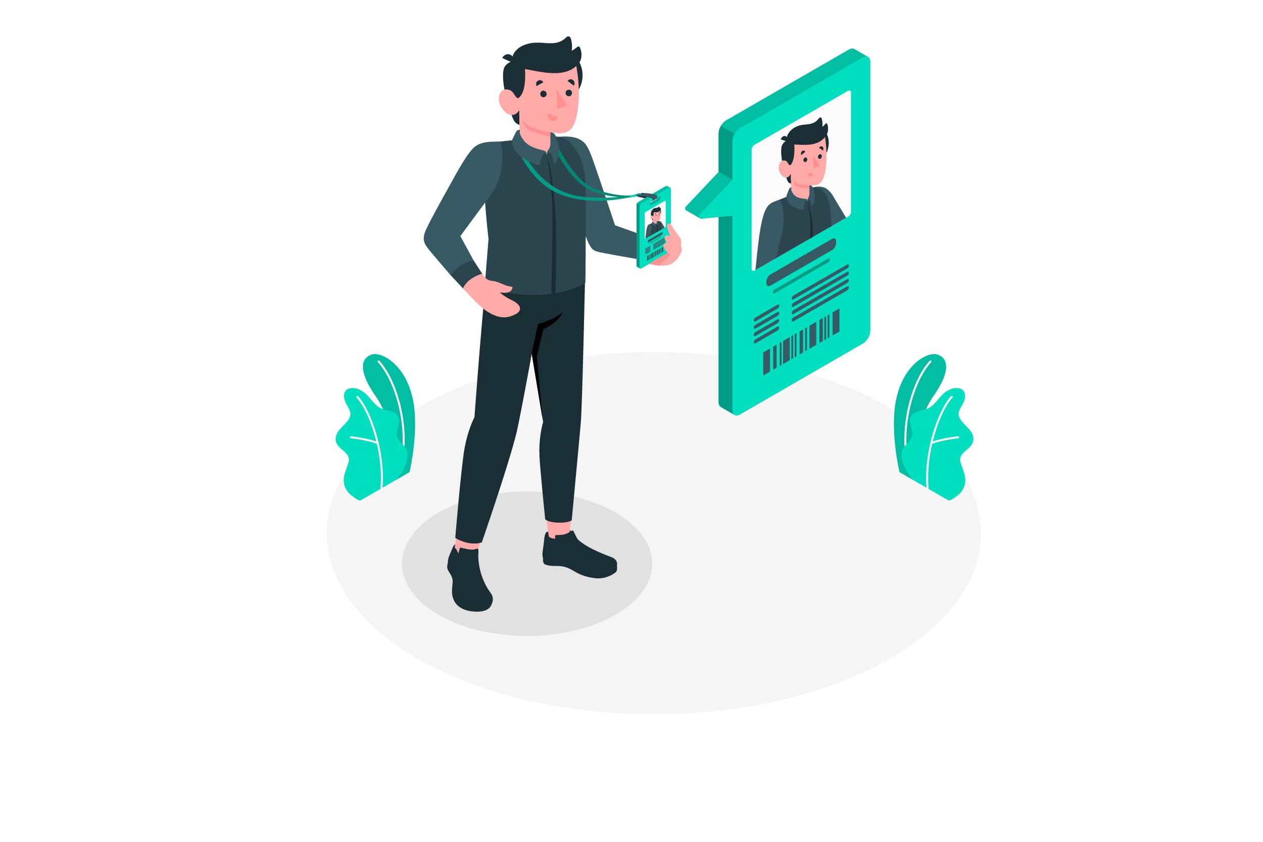 Ilustração mostra um homem segurando crachá pendurado no seu pescoço.
